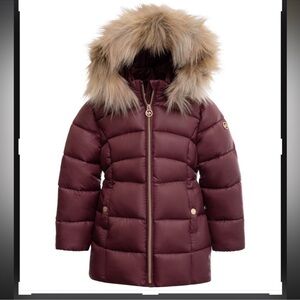 Never Work! Kids Burgundy Puffer Coat with Faux Fur Hood
